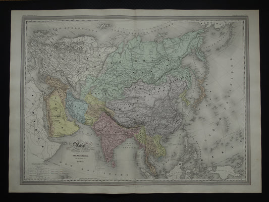 Antieke kaart van Azië uit 1880 Grote oude landkaart Azië continent Originele vintage kaarten