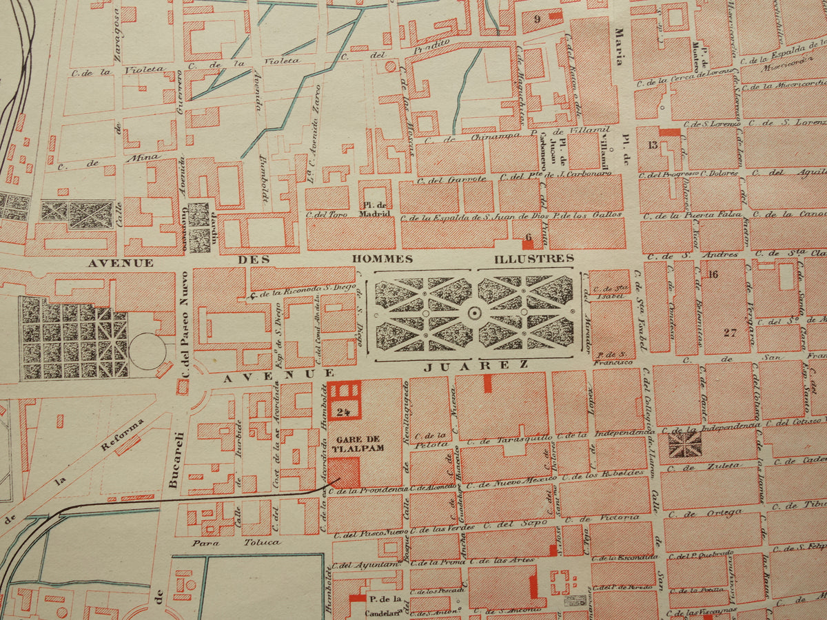 MEXICO-STAD oude kaart van Mexico-Stad 1896 originele antieke Franse plattegrond