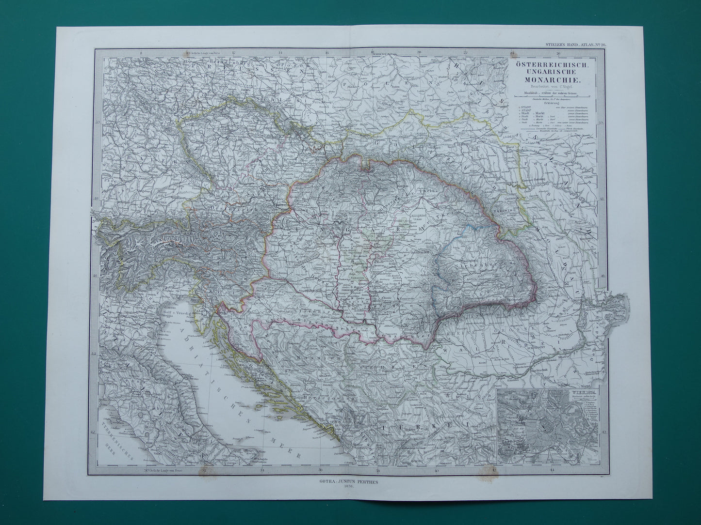 Oude kaart van Oostenrijk Hongarije uit het jaar 1876 gedetailleerde antieke landkaart met jaartal historische kaarten Oostenrijk-Hongarije