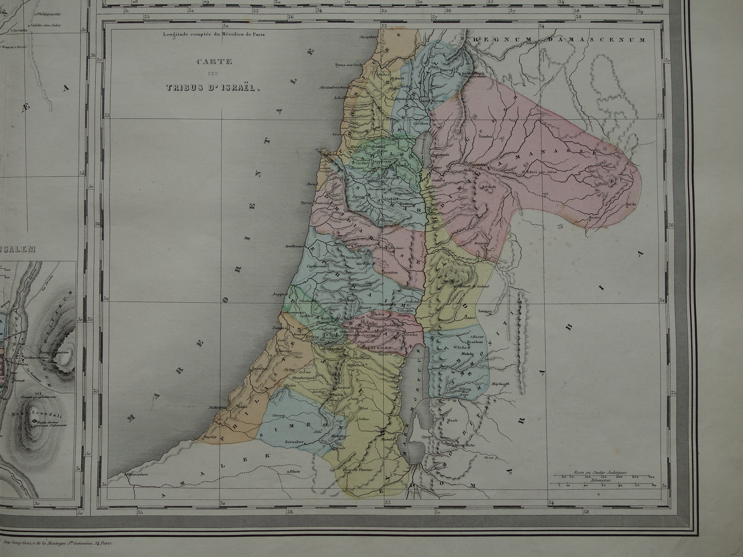 Antike Karte von Palästina aus der Antike. Originale große Karte von Israel und dem Libanon zur Zeit Jesu Christi. Historische Karten.