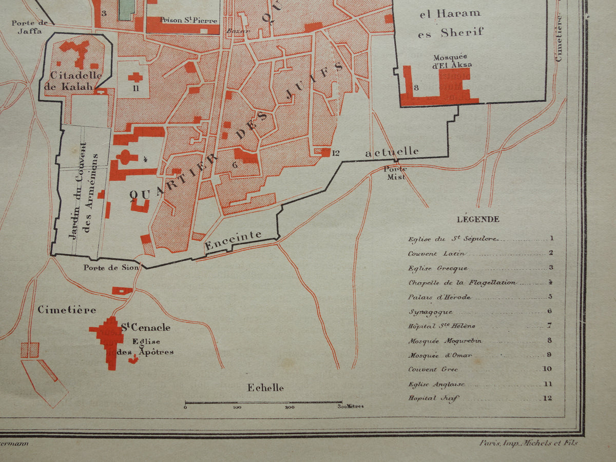 Oude kaart van Jeruzalem uit 1896 antieke Franse plattegrond van Jeruzalem
