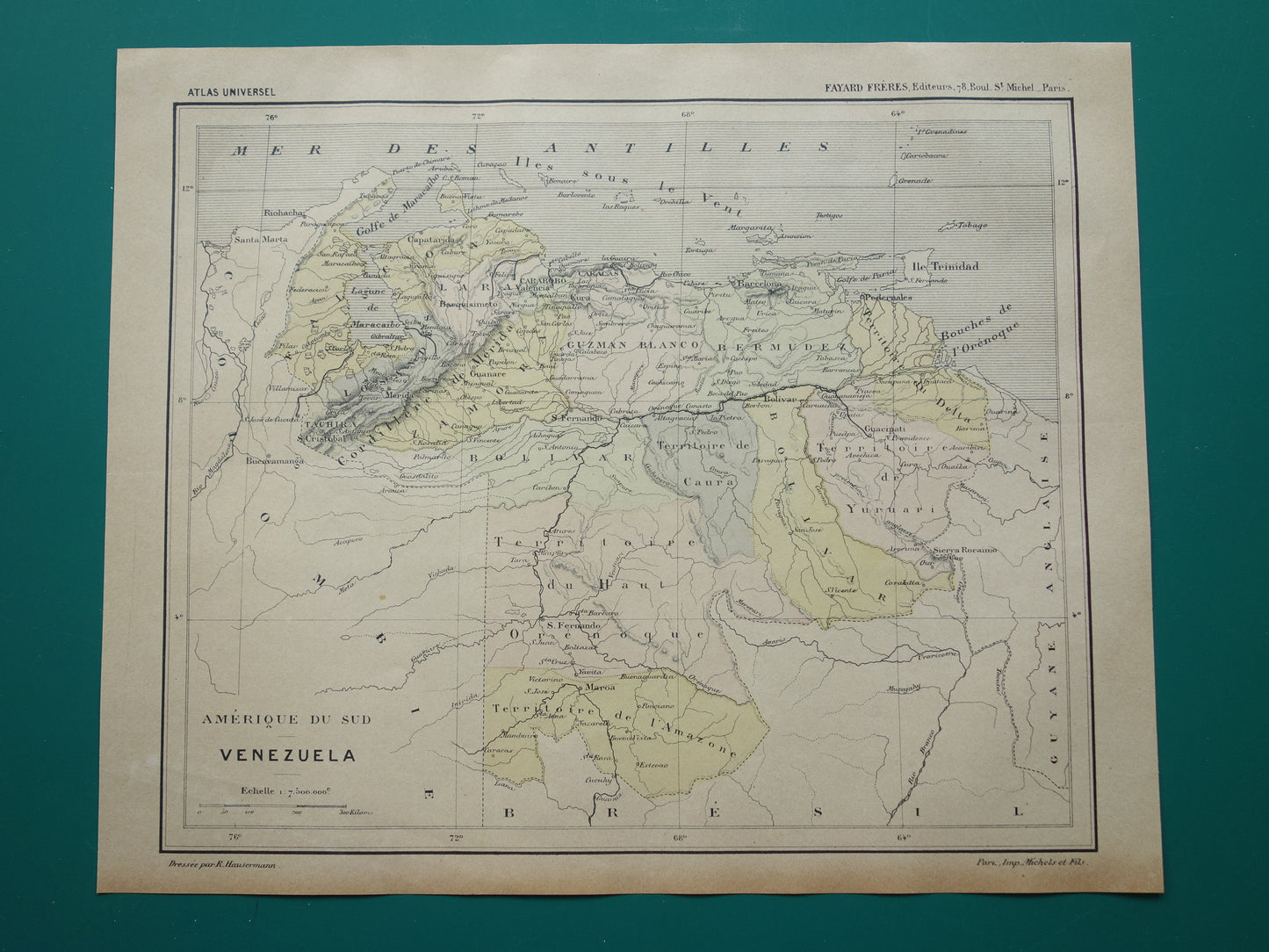VENEZUELA Oude kaart uit 1896 originele antieke handgekleurde Franse landkaart Venezuela vintage kaarten