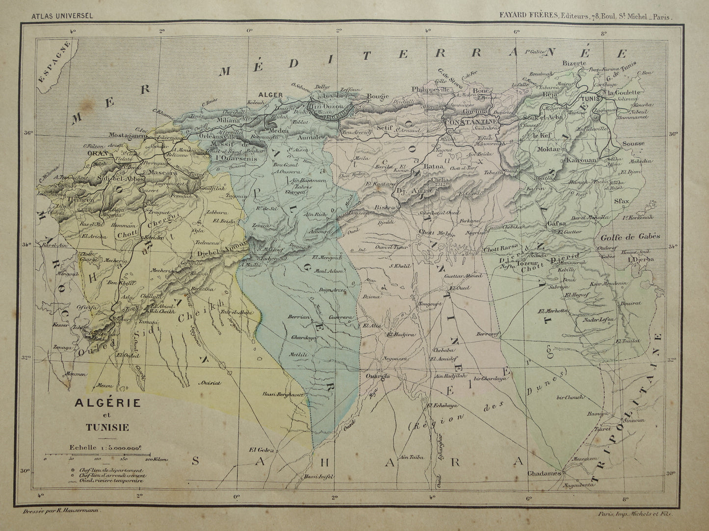Old map of Algeria and Tunisia 1896 original hand colored print 