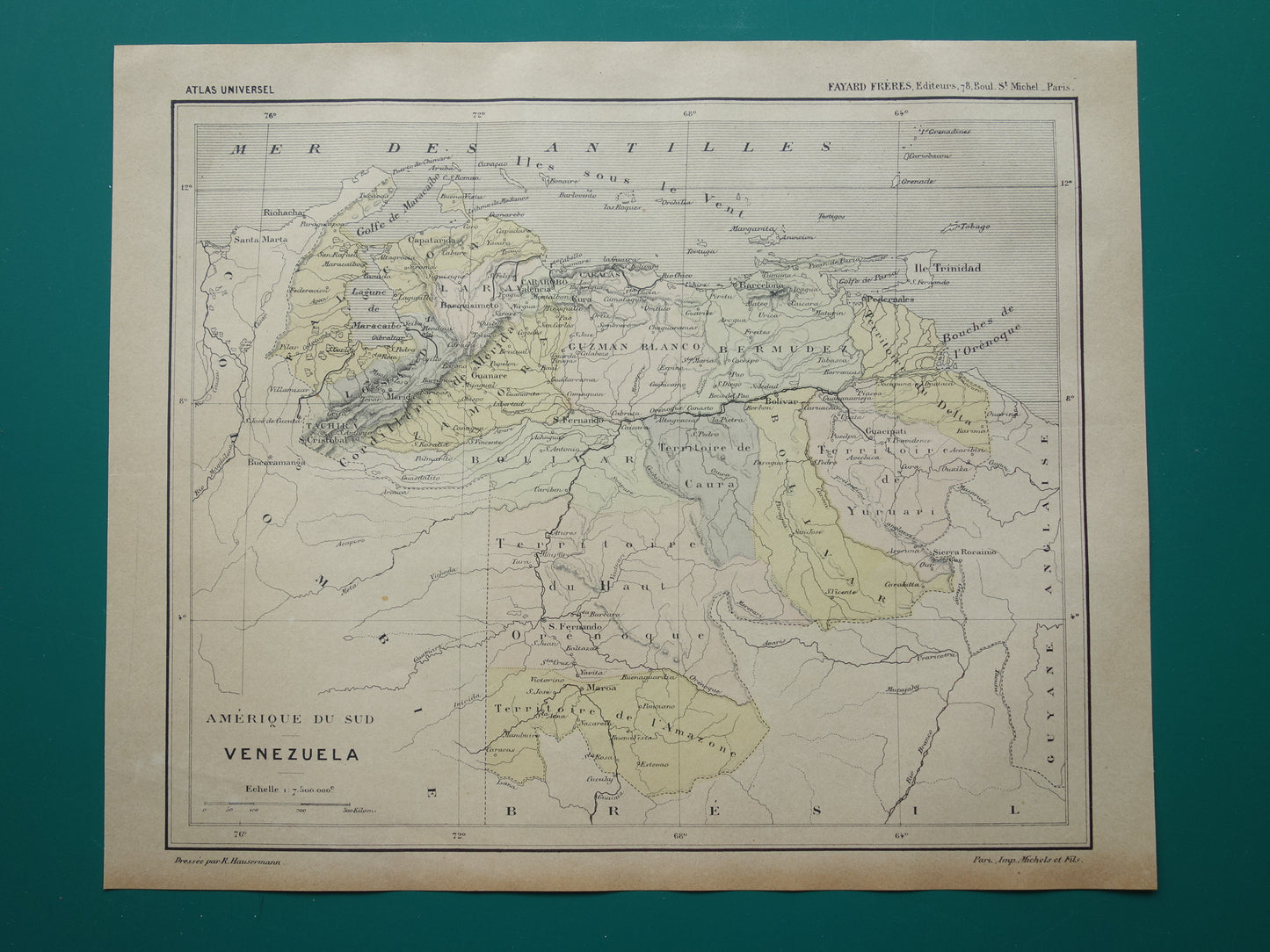 VENEZUELA Old map from 1896 original antique hand-colored French map Venezuela vintage maps