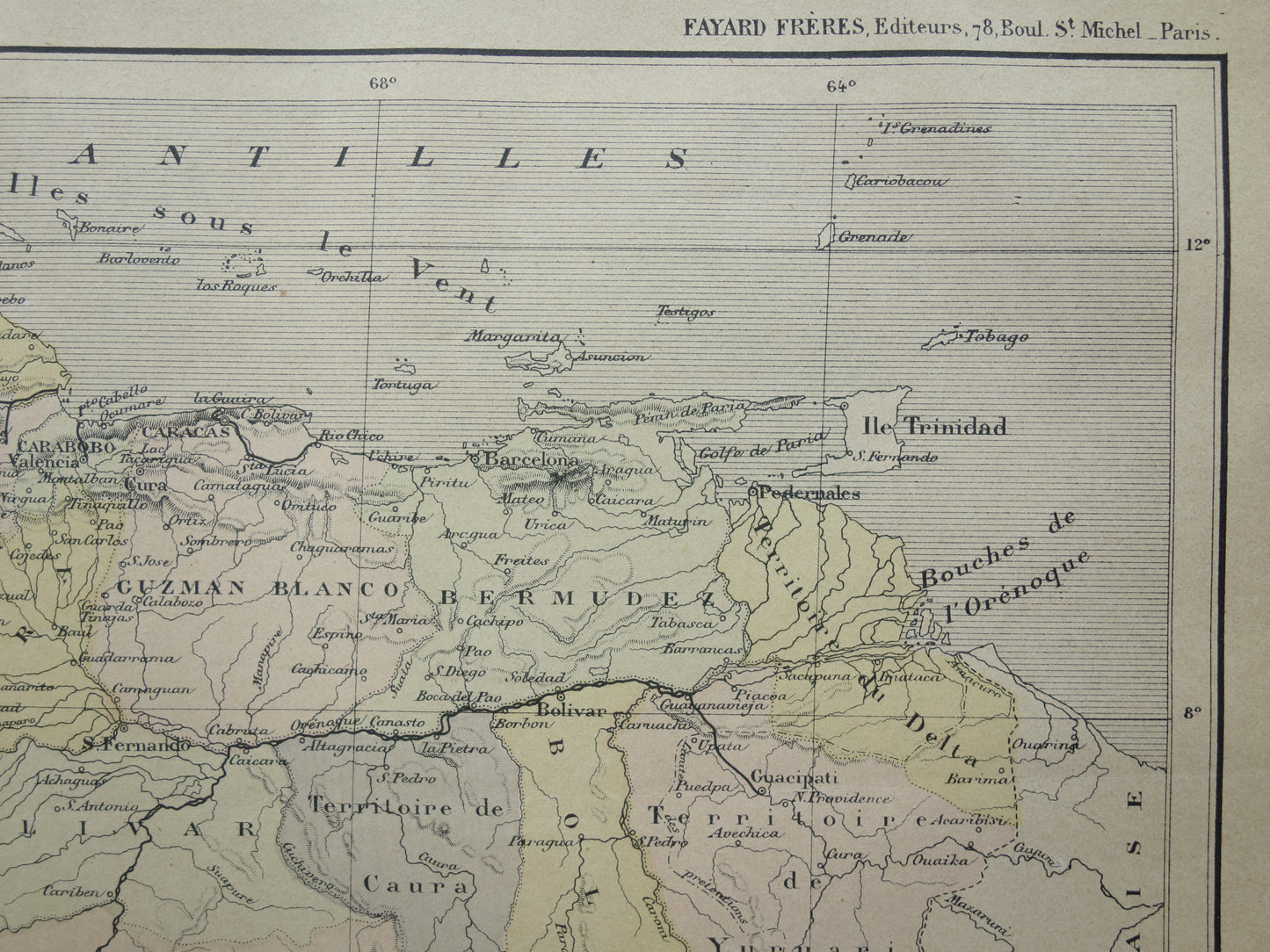 VENEZUELA Old map from 1896 original antique hand-colored French map Venezuela vintage maps