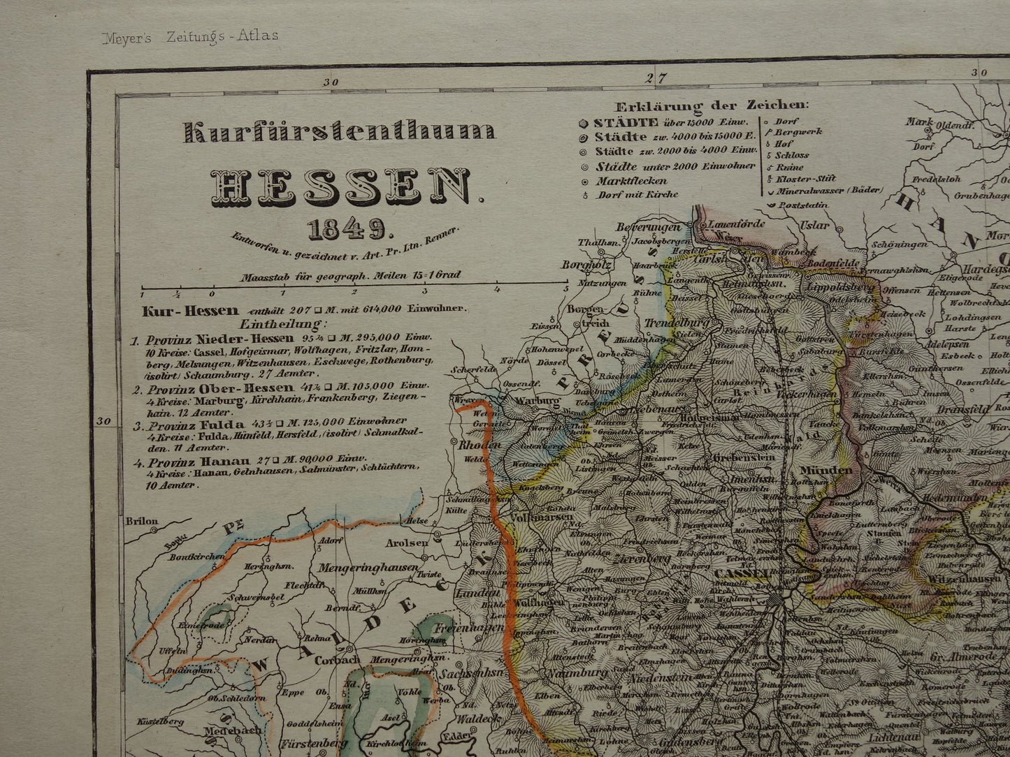 HESSEN Germany old map from 1849 - original antique map Germany - vintage historical maps Kassel