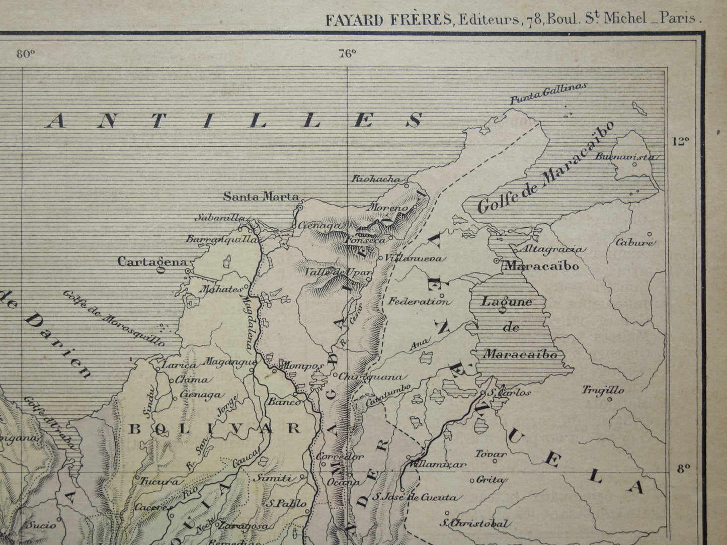 COLOMBIA Old map of Colombia Original antique French hand-colored map