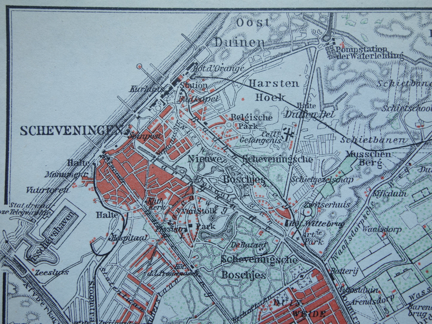 SCHEVENINGEN oude kaart van Scheveningen en Den Haag 1910 kleine originele antieke plattegrond Nederland