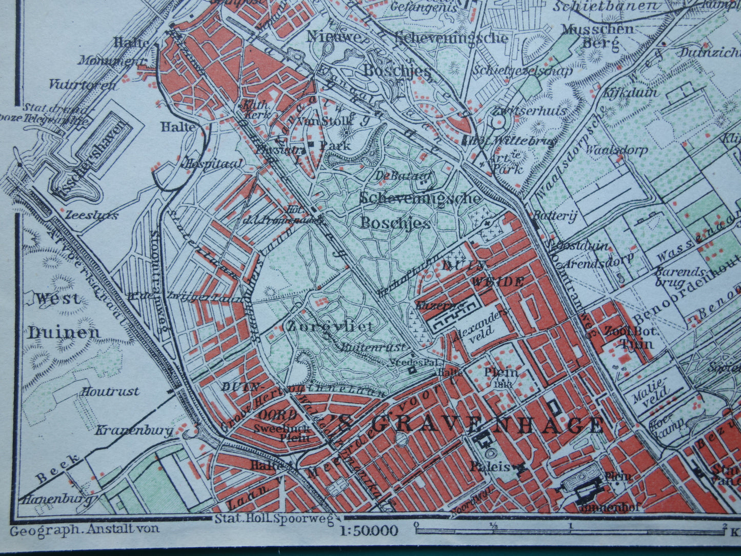 SCHEVENINGEN oude kaart van Scheveningen en Den Haag 1910 kleine originele antieke plattegrond Nederland