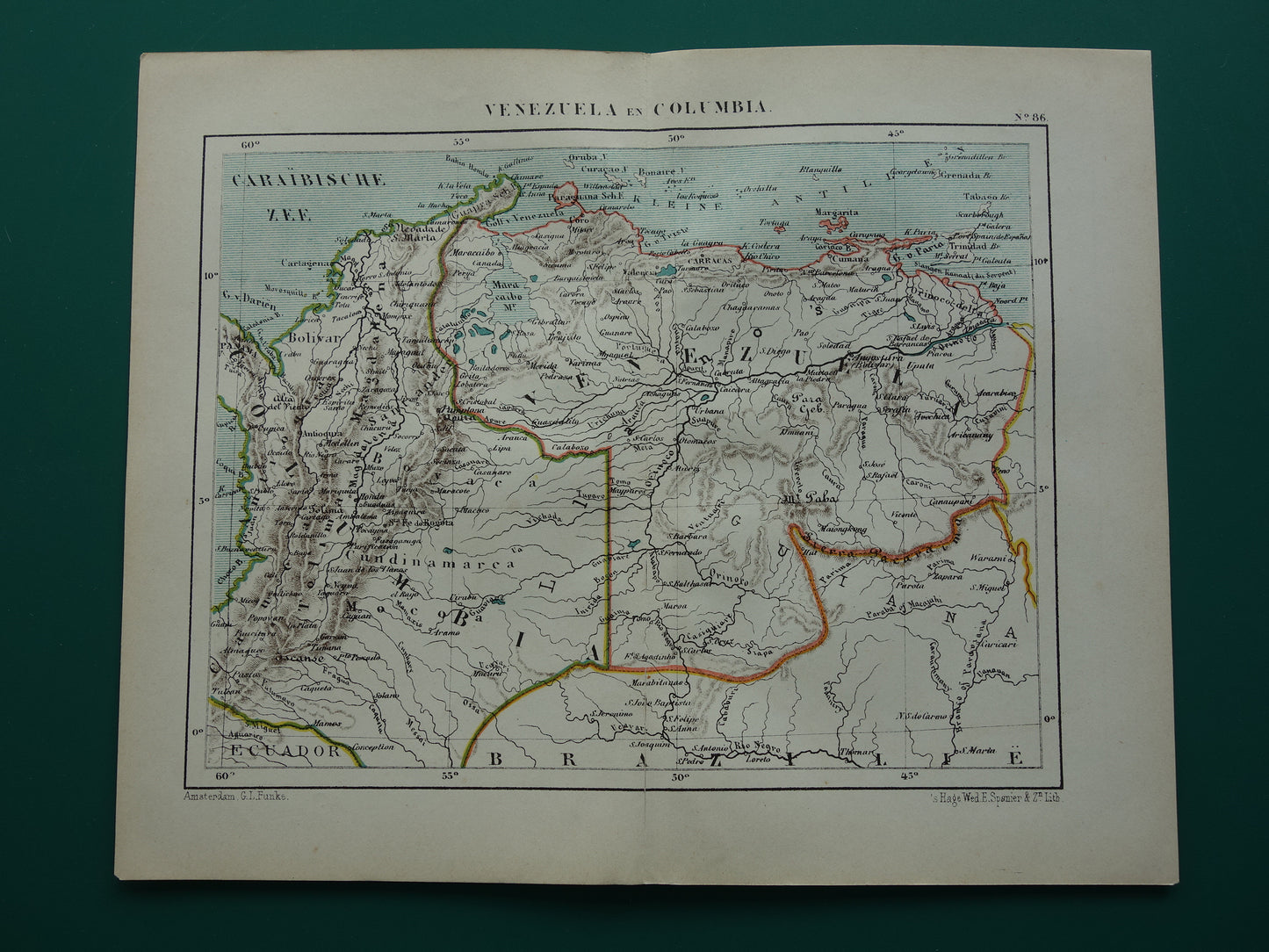 Venezuela and Colombia old map original antique Kuyper map from 1882 vintage maps