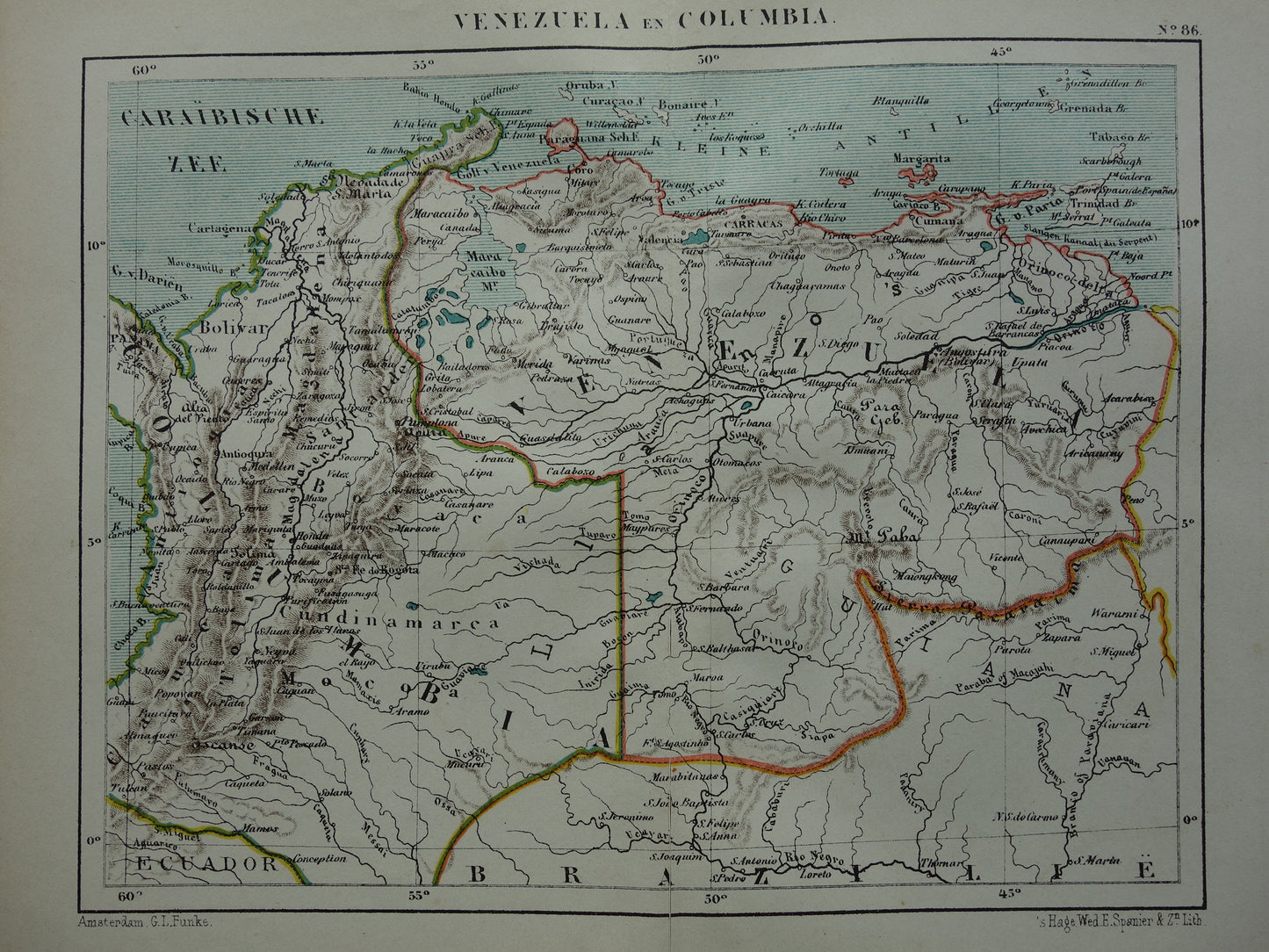 Venezuela and Colombia old map original antique Kuyper map from 1882 vintage maps
