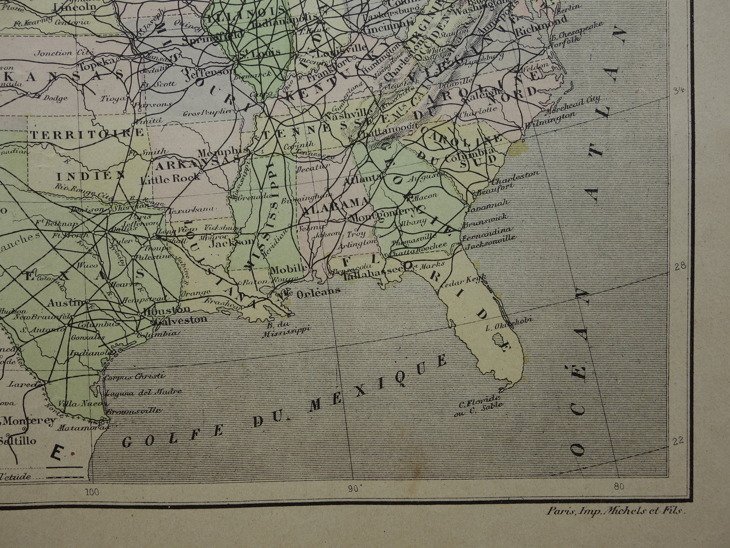 UNITED STATES Old map USA with railroads Original antique map railroad lines