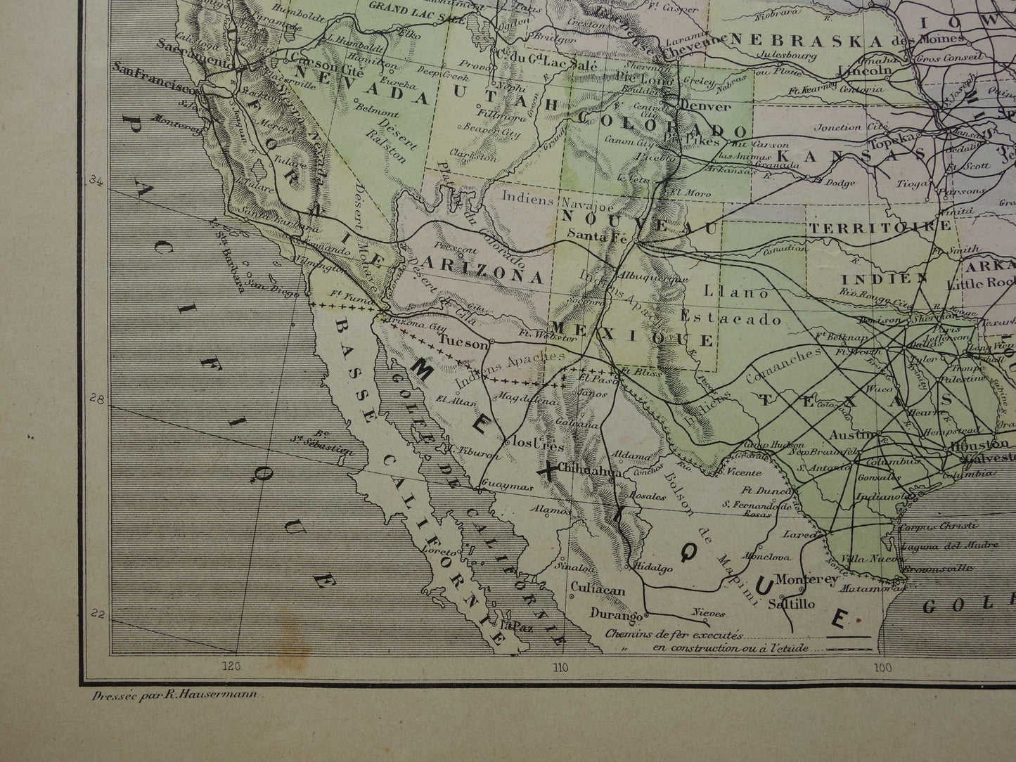 UNITED STATES Old map USA with railroads Original antique map railroad lines