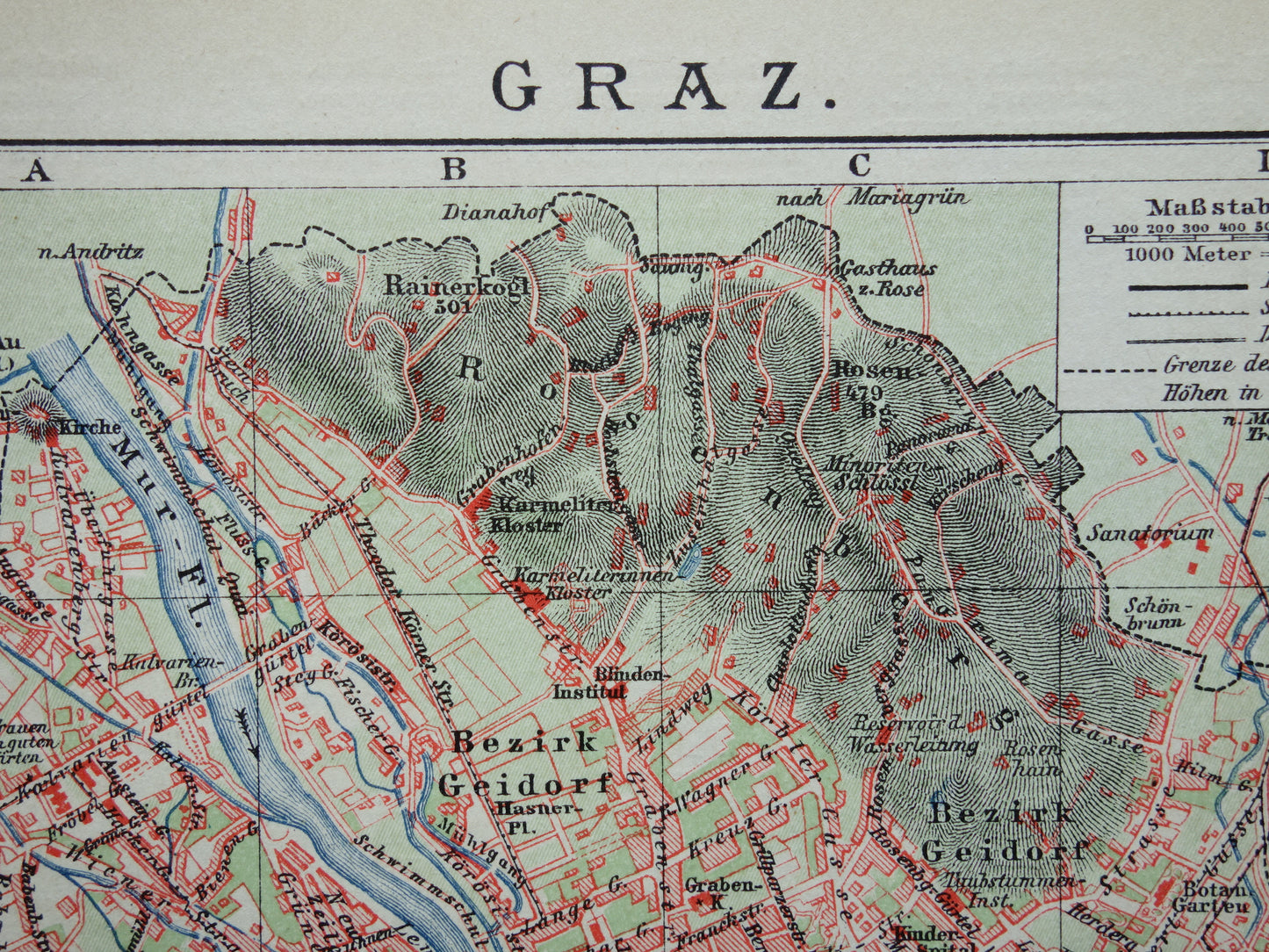 GRAZ old map of Graz Austria from 1907 - original small vintage historical map with year