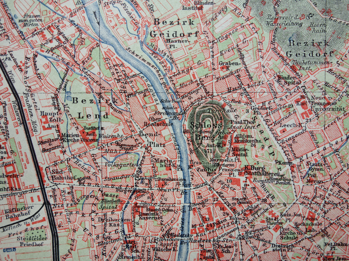 GRAZ old map of Graz Austria from 1907 - original small vintage historical map with year