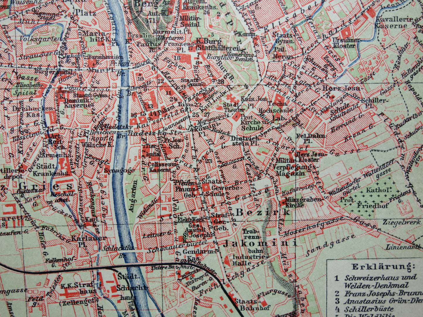 GRAZ old map of Graz Austria from 1907 - original small vintage historical map with year