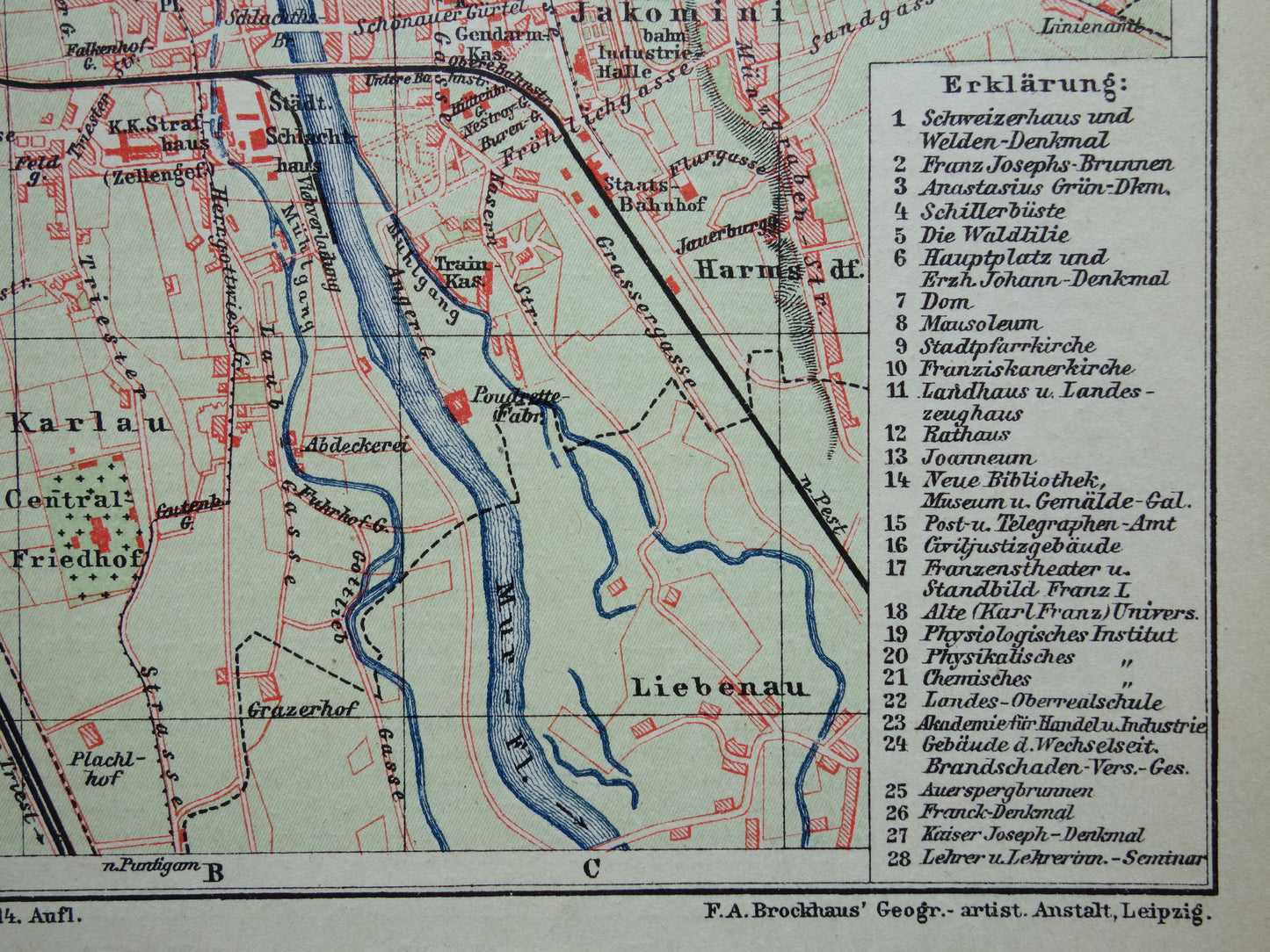 GRAZ old map of Graz Austria from 1907 - original small vintage historical map with year