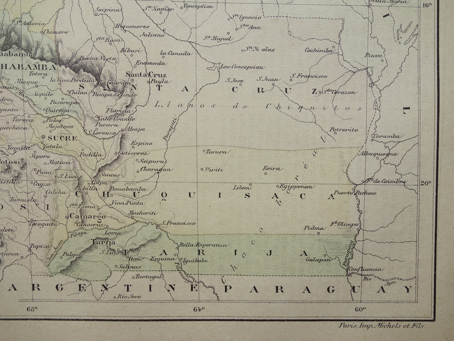 BOLIVIA oude landkaart uit 1896 originele antieke Franse kaart