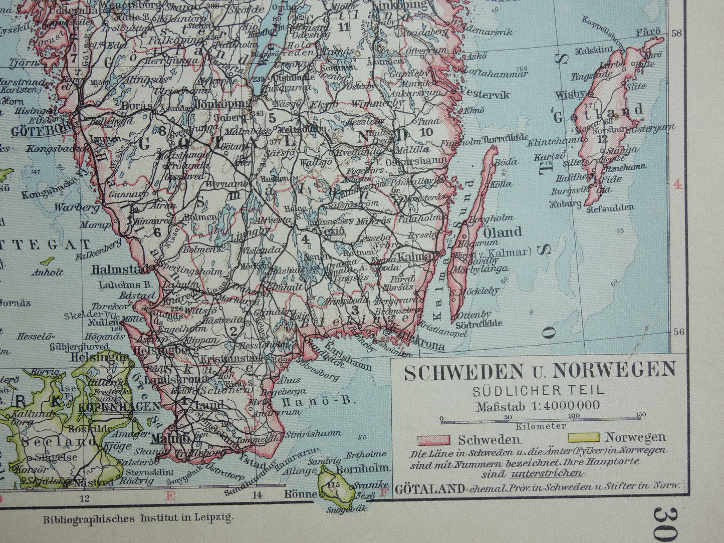 Old map of Sweden and Norway from 1928 original vintage map Stockholm Oslo