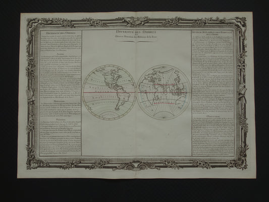 Oude wereldkaart uit 1761 kaart van de wereld over schaduw - originele antieke handgekleurde landkaart