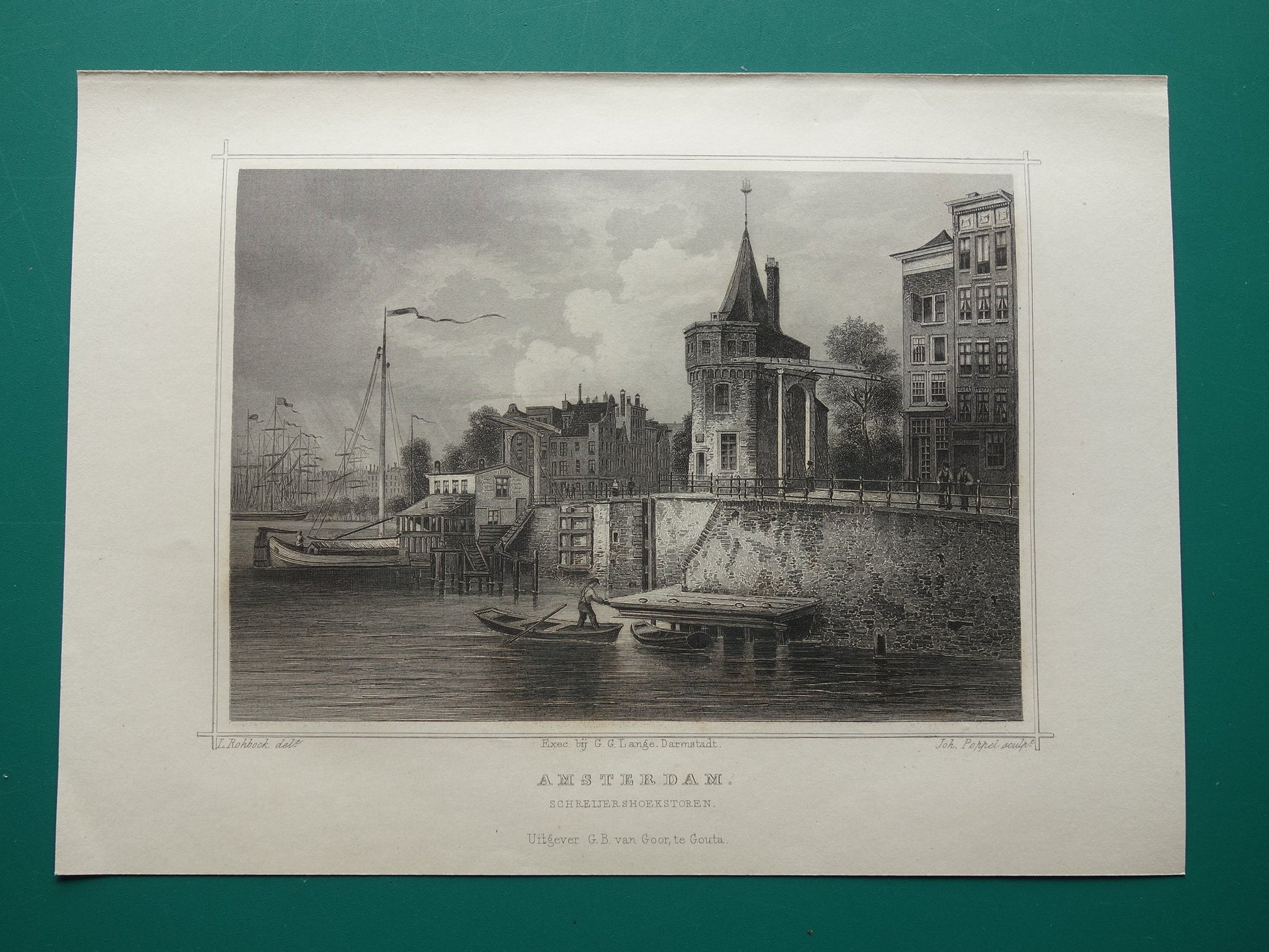 Schreierstoren oude gravure Originele antieke prent uit 1858 Amsterdam. Schreijershoekstoren illustratie Terwen Koningrijk der Nederlanden