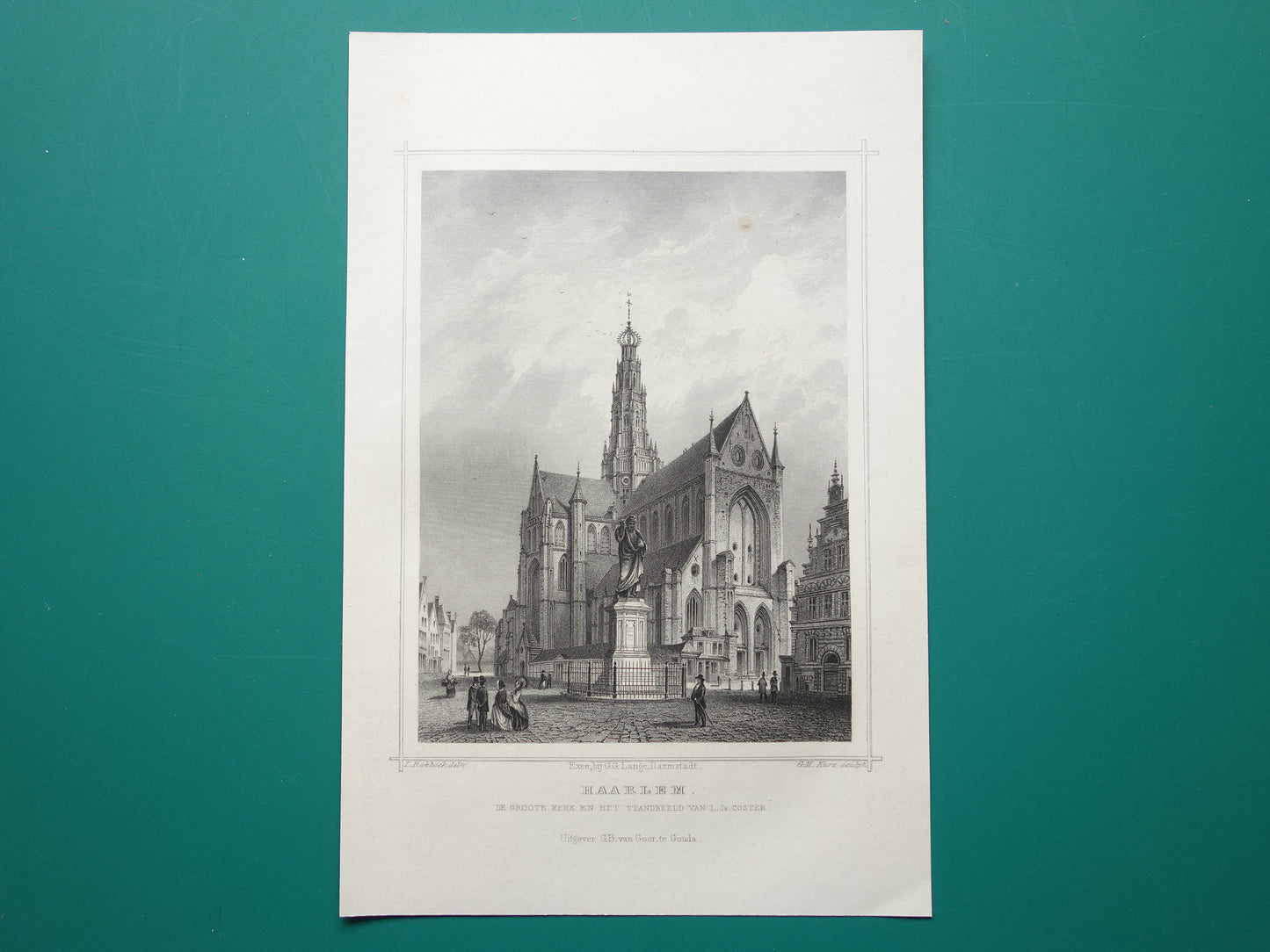 Haarlem Old print Grote Kerk from 1858 Original antique engraving Sint-Bavokerk Terwen Kingdom of the Netherlands statue Coster