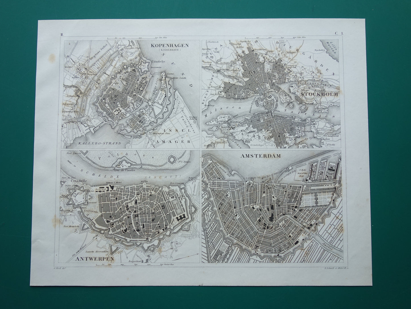 Amsterdam Antwerpen Stockholm Kopenhagen antieke plattegrond 175+ jaar oude kaart met plattegronden van Europese steden uit 1849 - originele vintage historische kaarten