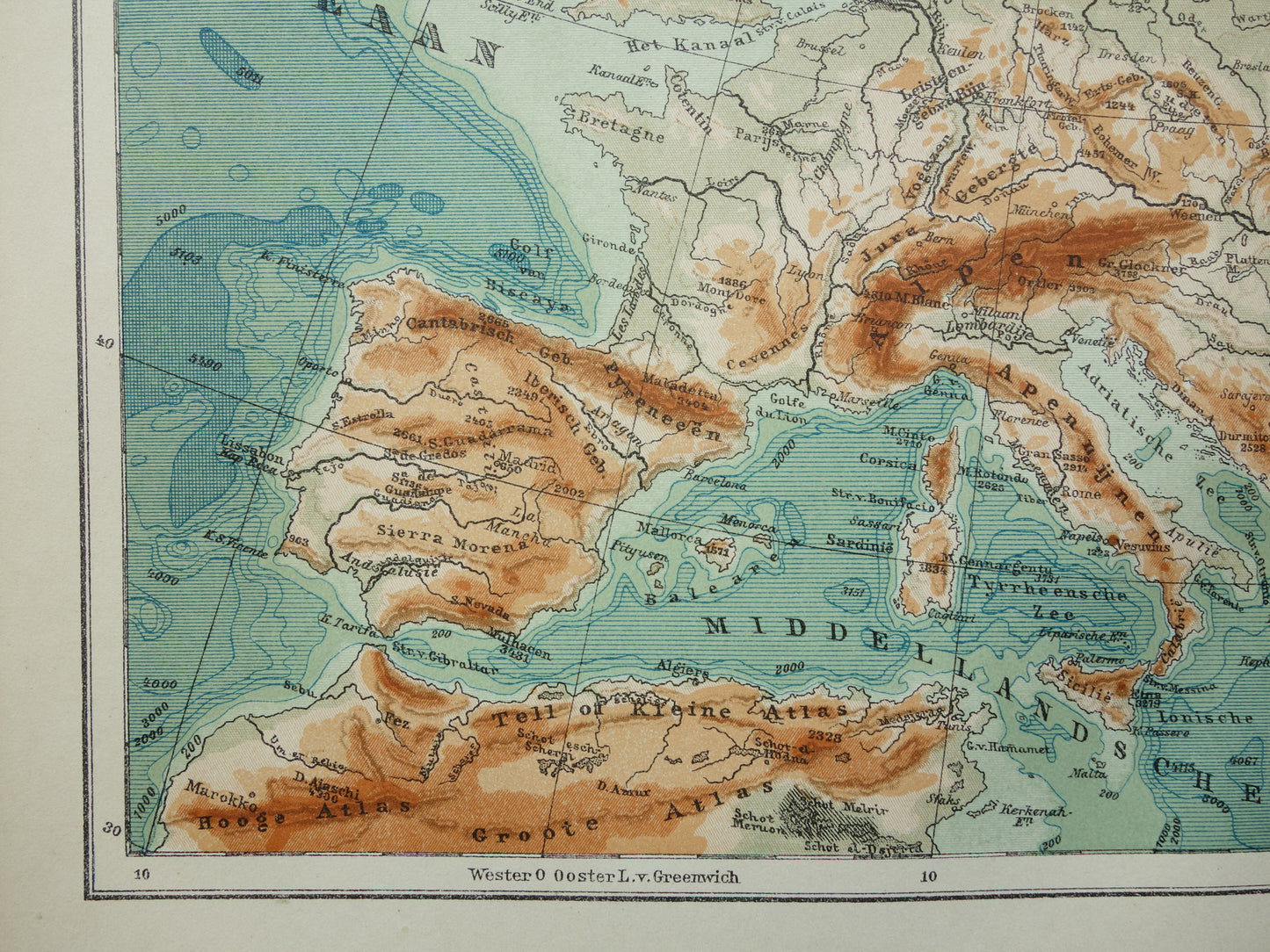 EUROPA Oude hoogtekaart van Europa uit 1916 originele Nederlandse antieke vintage kaart Bergen Rivieren Geologie landkaart