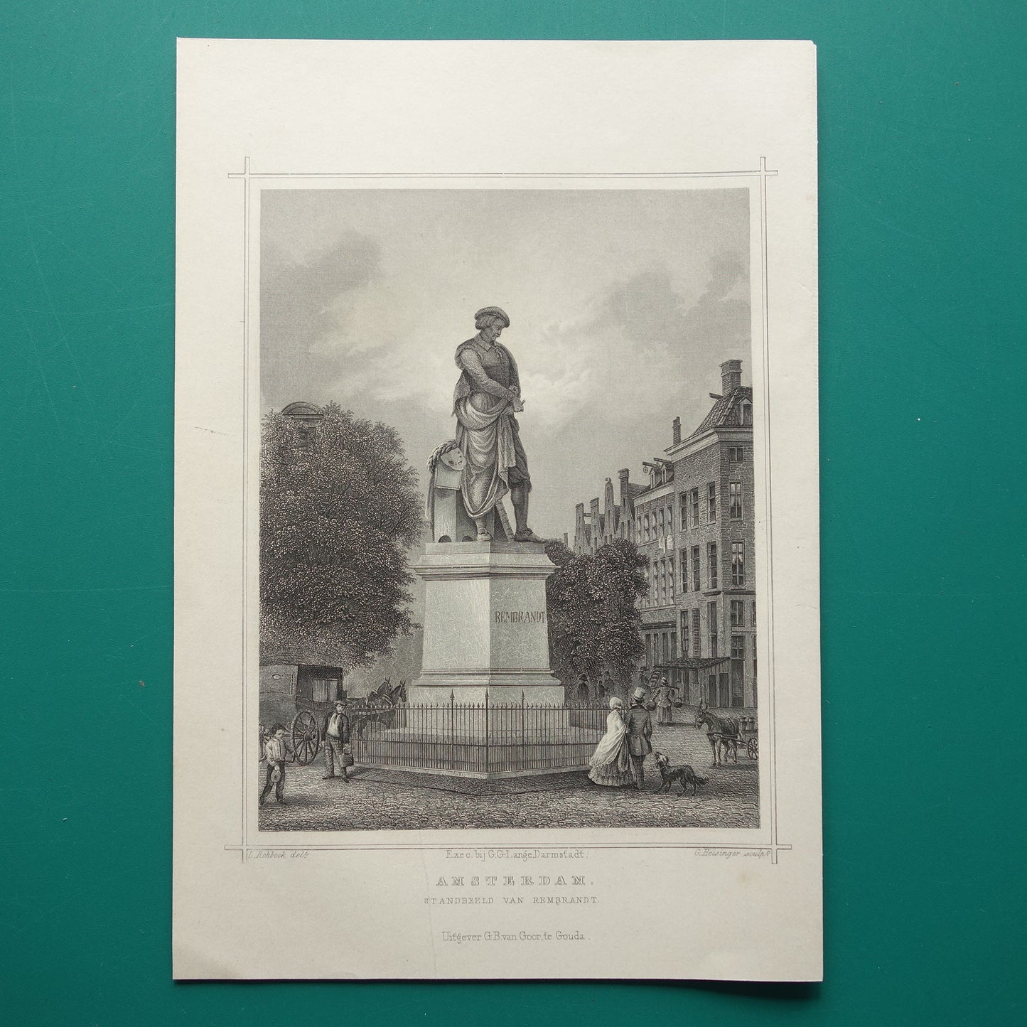 Rembrandtplein oude prent van het Standbeeld van Rembrandt Originele antieke gravure uit 1858 Amsterdam illustratie Terwen Koningrijk der Nederlanden