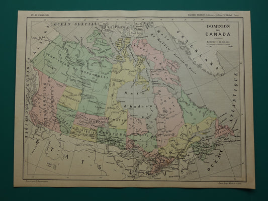 KANADA Alte, handkolorierte Karte von Kanada aus dem Jahr 1896 Originale französische antike Karte Vintage-Druck