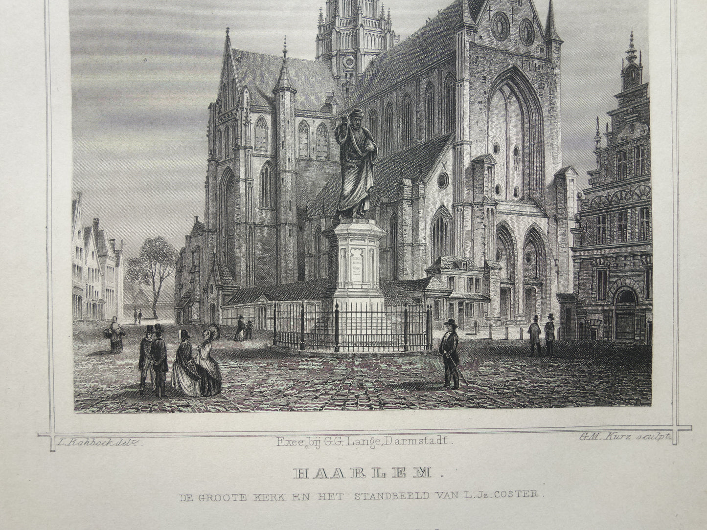 Haarlem Old print Grote Kerk from 1858 Original antique engraving Sint-Bavokerk Terwen Kingdom of the Netherlands statue Coster