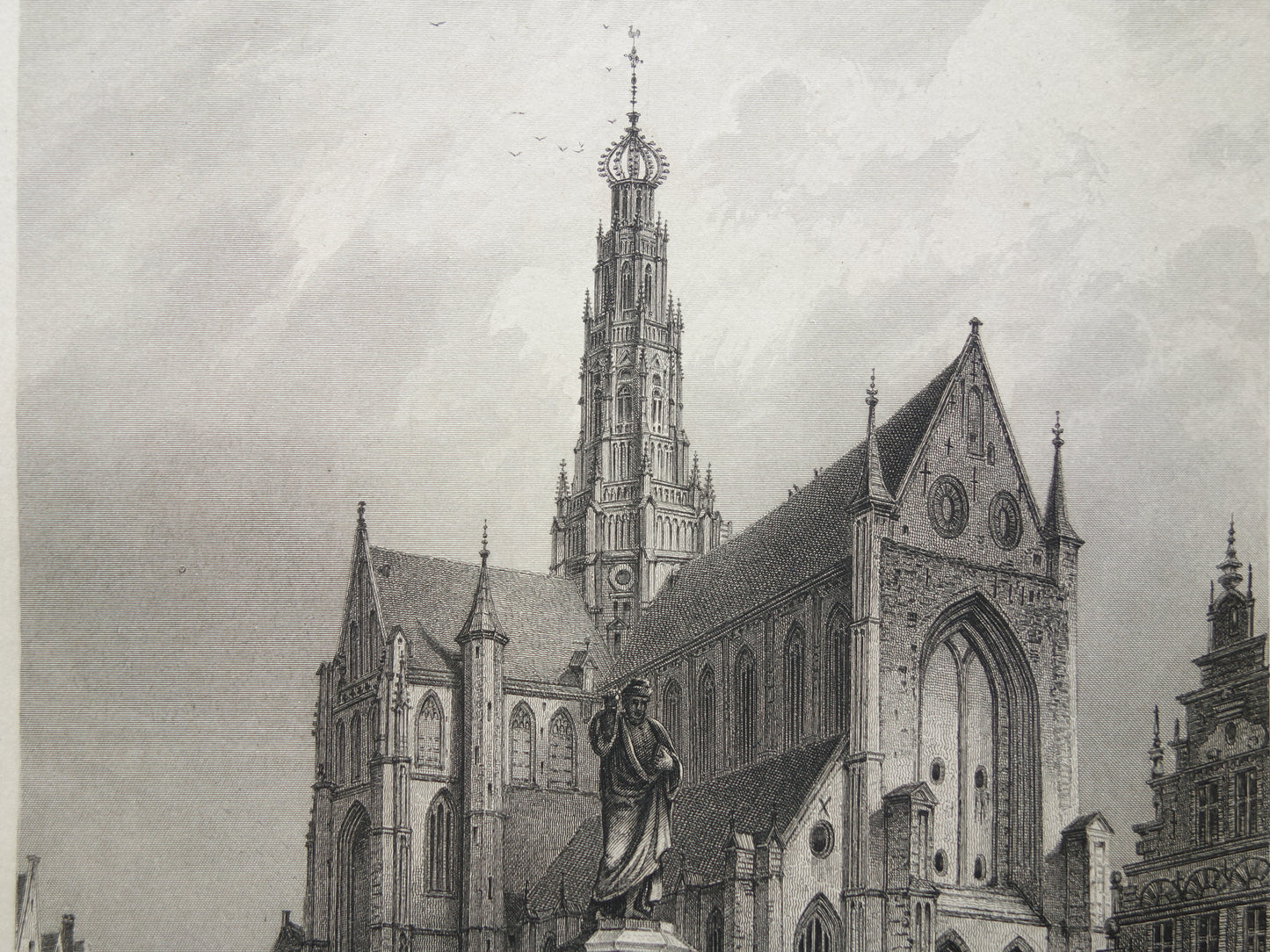 Haarlem Old print Grote Kerk from 1858 Original antique engraving Sint-Bavokerk Terwen Kingdom of the Netherlands statue Coster