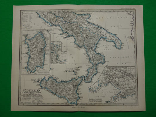 ITALY antique map of southern Italy Sicily Naples Palermo original 135+ year old map of southern Italy