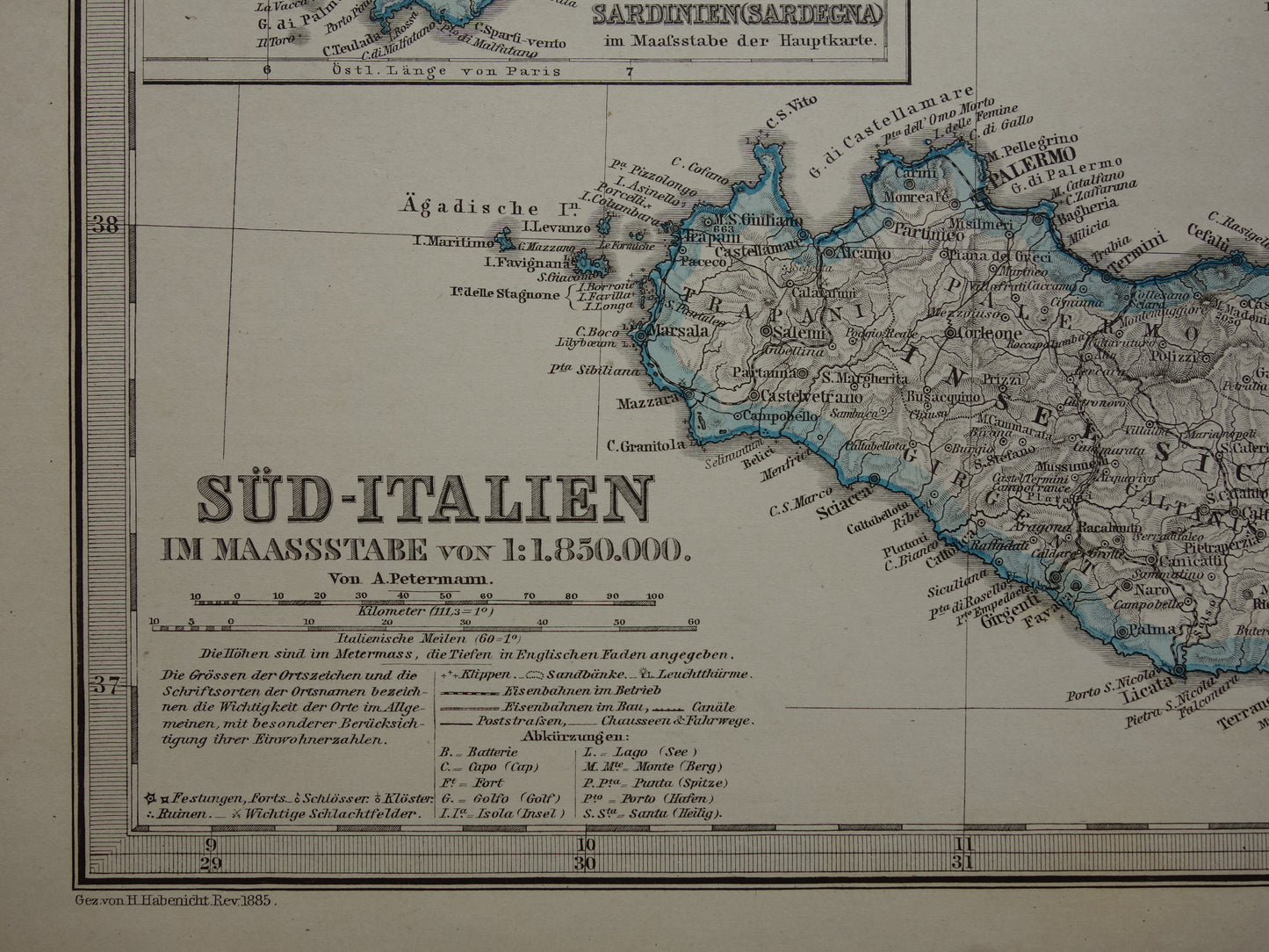 ITALIË antieke kaart van Zuid-Italië Sicilië Napels Palermo originele 135+ jaar oude landkaart van Zuid-Italië