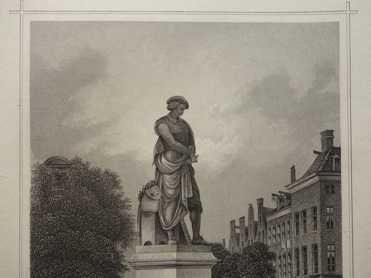 Rembrandtplein oude prent van het Standbeeld van Rembrandt Originele antieke gravure uit 1858 Amsterdam illustratie Terwen Koningrijk der Nederlanden