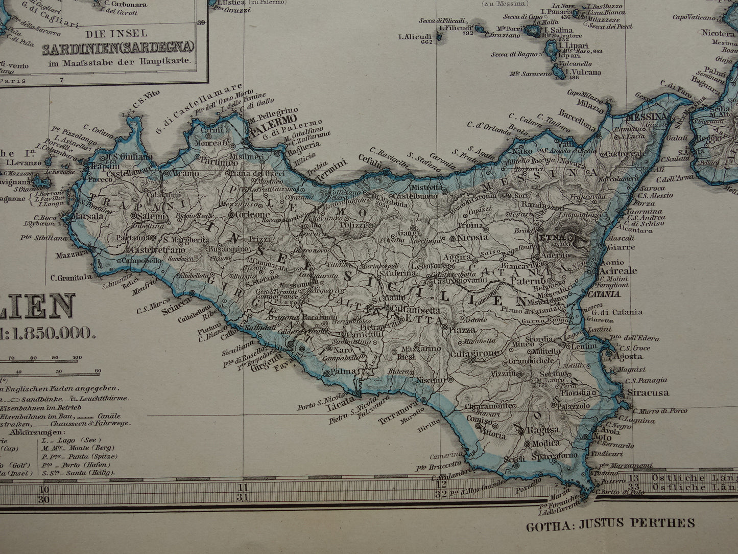 ITALIË antieke kaart van Zuid-Italië Sicilië Napels Palermo originele 135+ jaar oude landkaart van Zuid-Italië