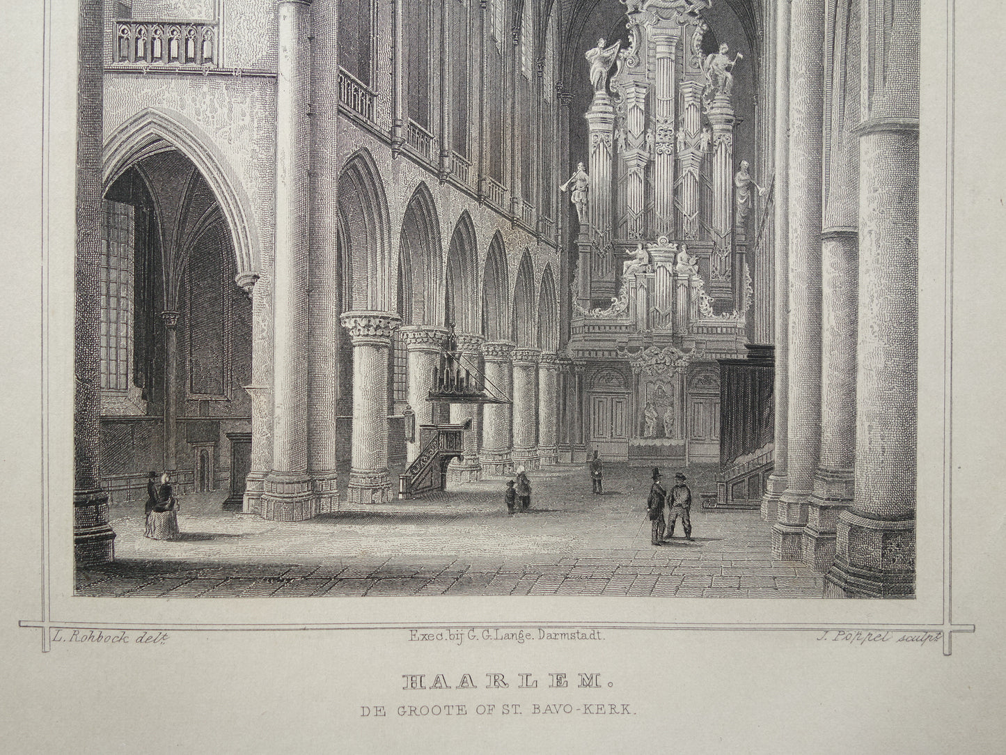 Haarlem Oude prent Interieur Grote Kerk uit 1858 Originele antieke gravure Sint-Bavokerk Terwen Koningrijk der Nederlanden De Groote of St Bavo-Kerk
