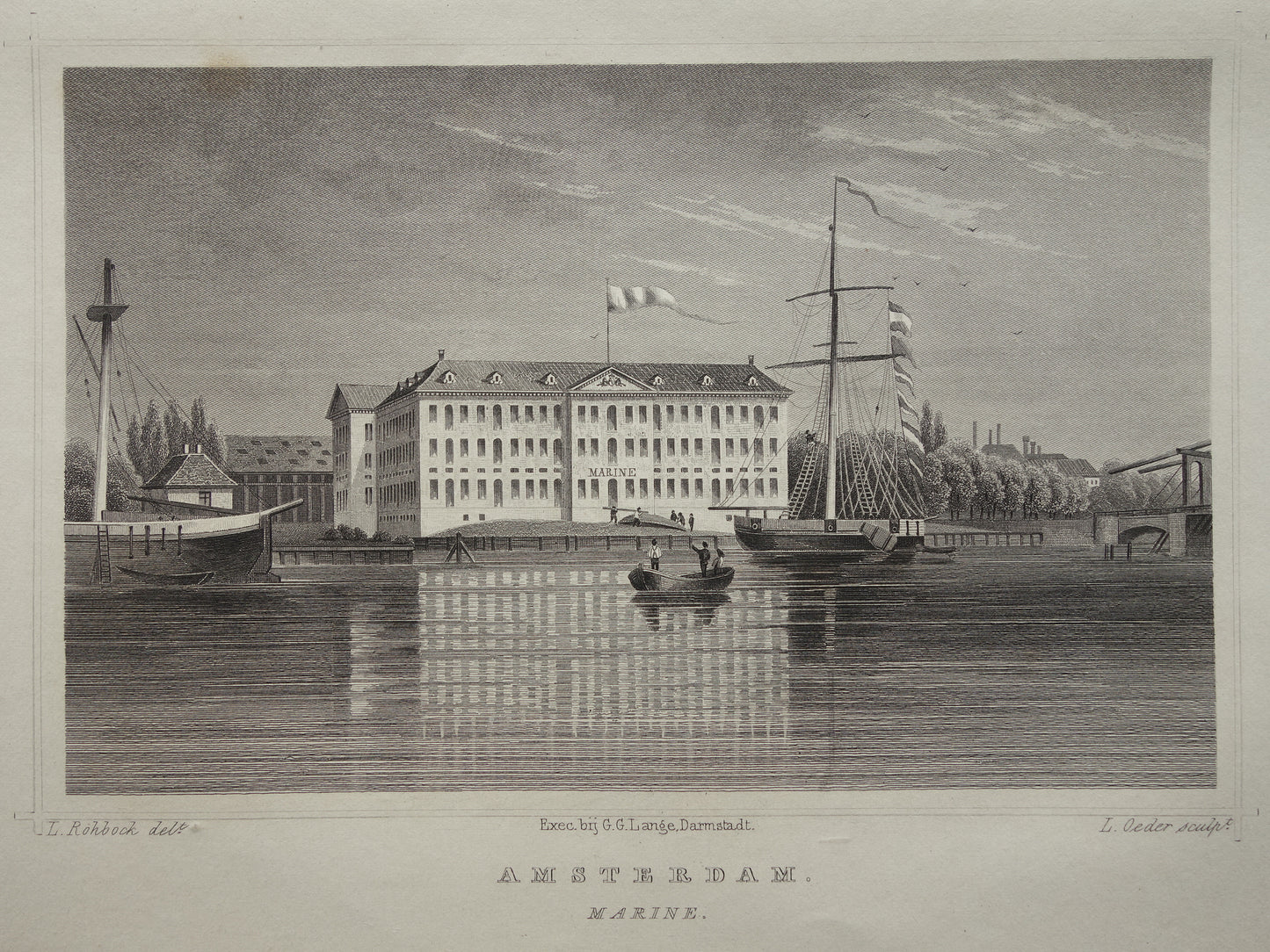 SCHEEPVAARTMUSEUM Amsterdam oude prent uit 1858 Originele antieke gravure illustratie Terwen Koningrijk der Nederlanden Amsterdam Marine vintage