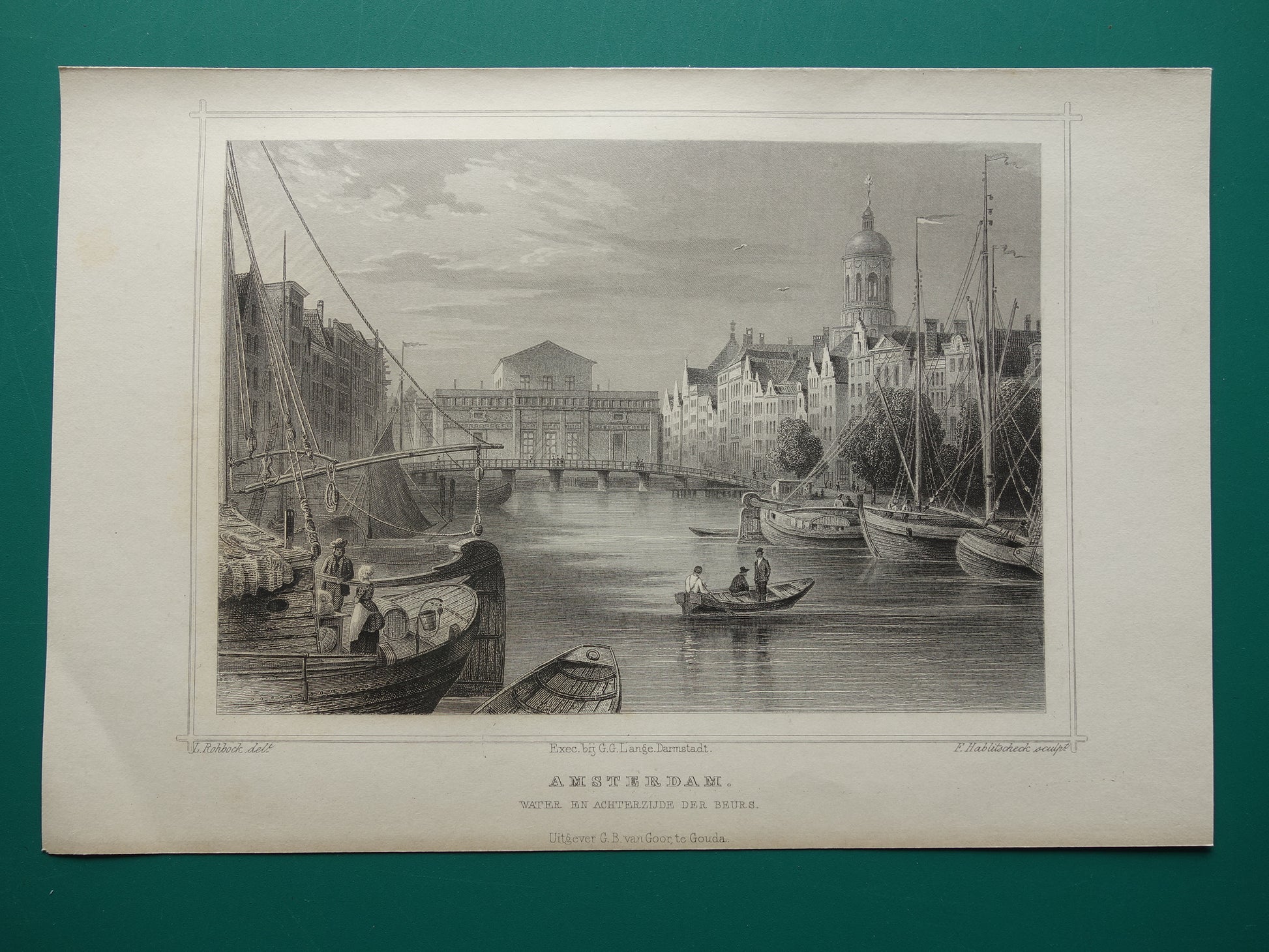 Damrak Amsterdam oude gravure Originele oude prent uit 1858 Water en Achterzijde der Beurs illustratie Terwen Koningrijk der Nederlanden