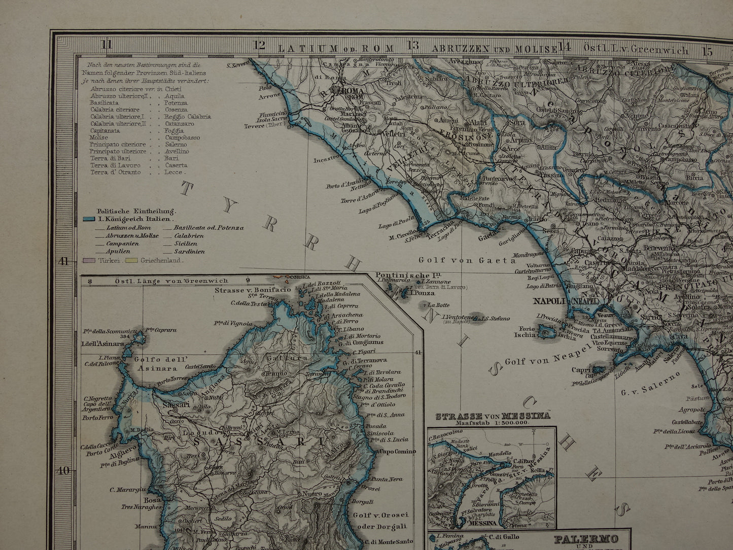 ITALIË antieke kaart van Zuid-Italië Sicilië Napels Palermo originele 135+ jaar oude landkaart van Zuid-Italië