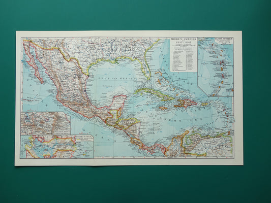 ANTILLEN Oude Nederlandse kaart van het Caribisch gebied West-Indië Midden-Amerika Originele vintage landkaart