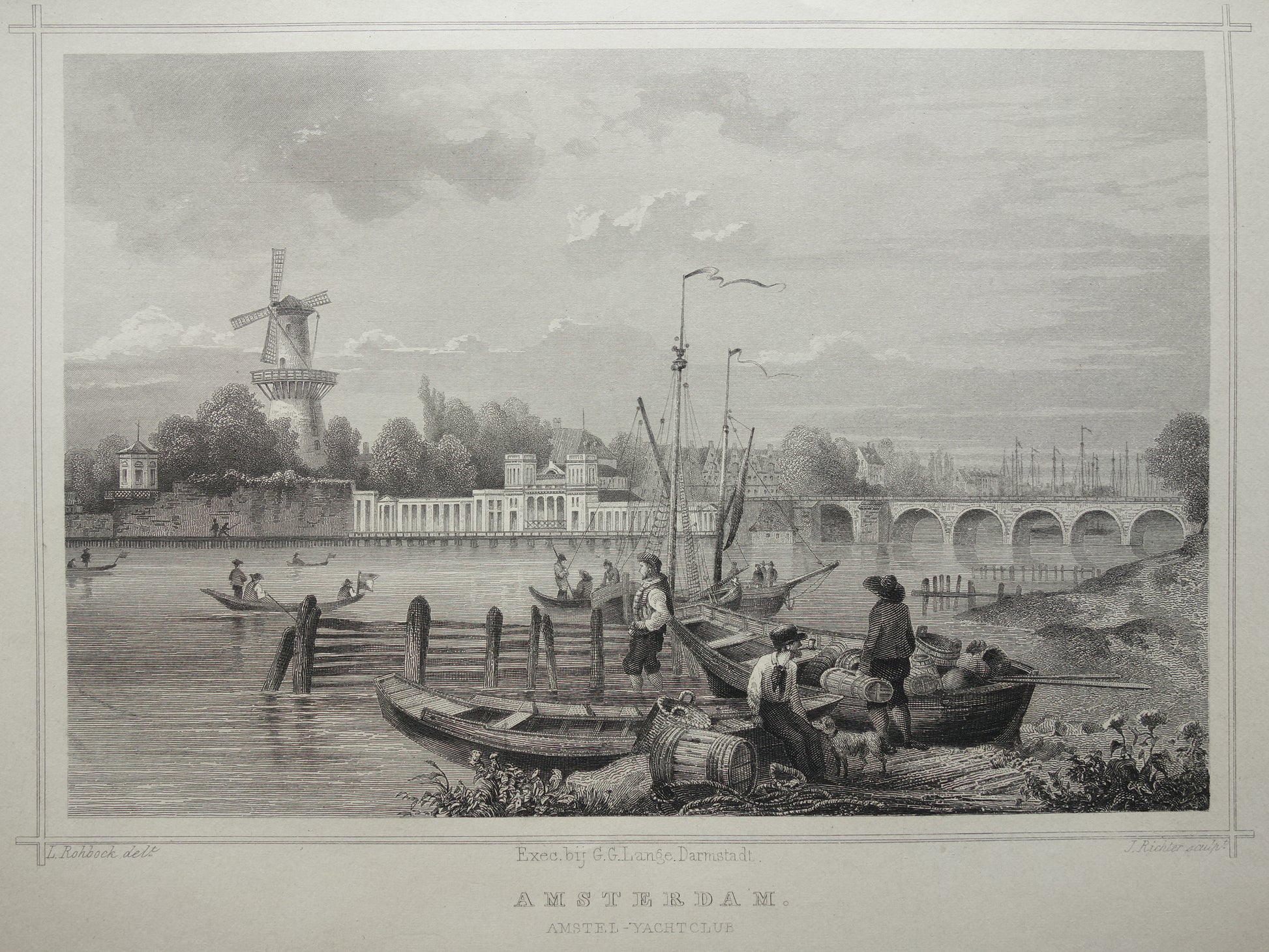 Amsterdam vanaf de Amstel oude prent uit 1858 Originele antieke gravure illustratie Terwen Koningrijk der Nederlanden Amsterdam Amstel-Yachtclub Roeien Roeivereniging