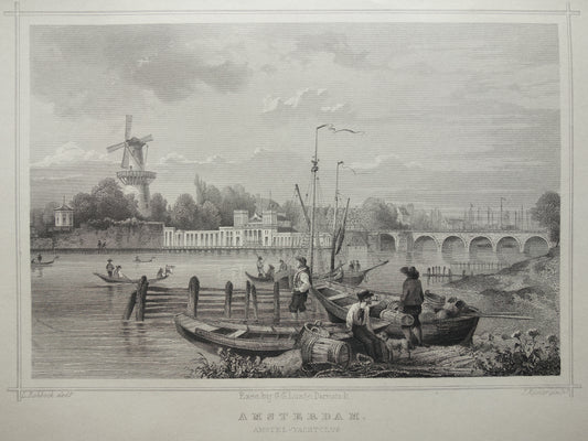 Amsterdam vanaf de Amstel oude prent uit 1858 Originele antieke gravure illustratie Terwen Koningrijk der Nederlanden Amsterdam Amstel-Yachtclub Roeien Roeivereniging