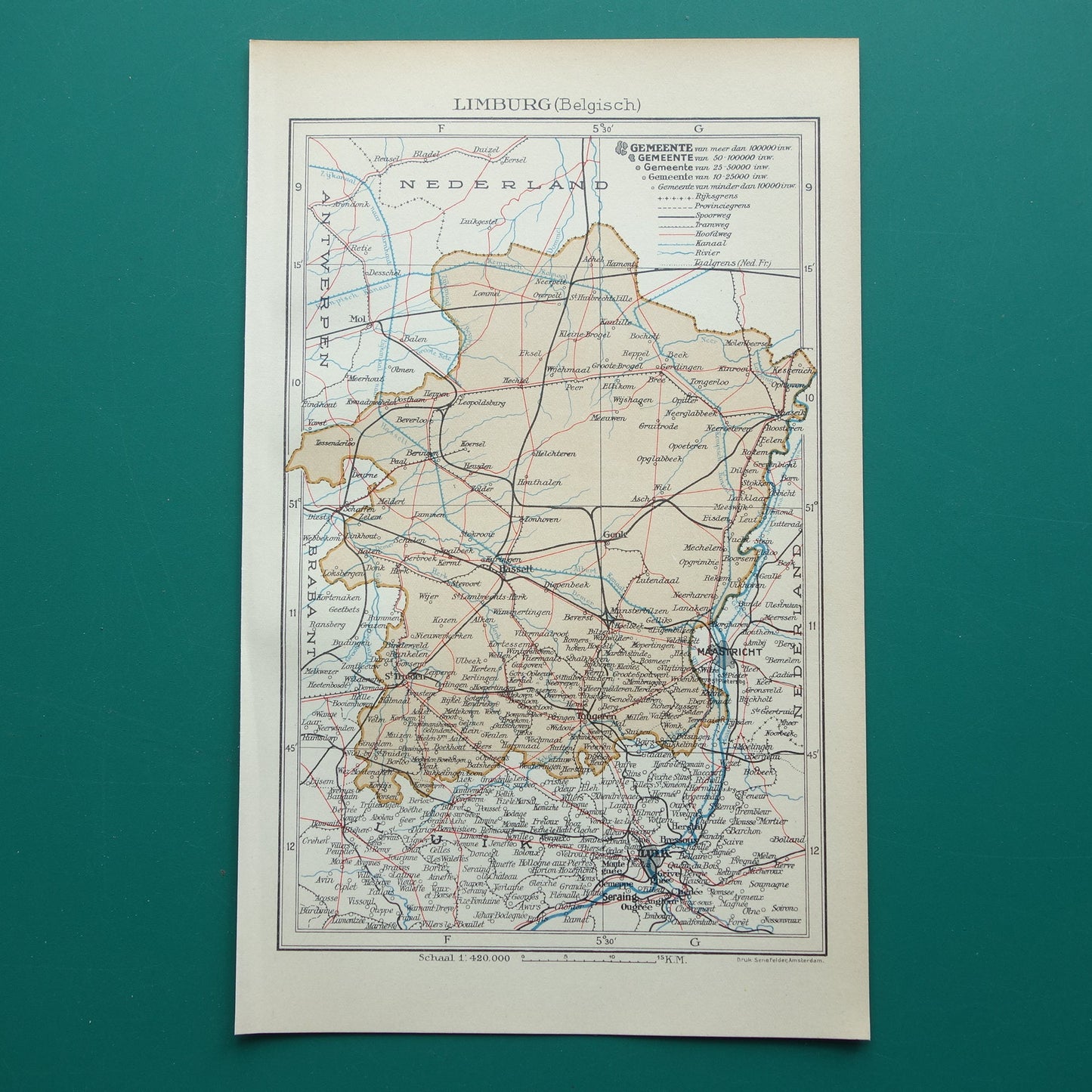 LIMBURG Oude kaart van provincie Belgisch Limburg uit 1936 Originele vintage Nederlandse kaart