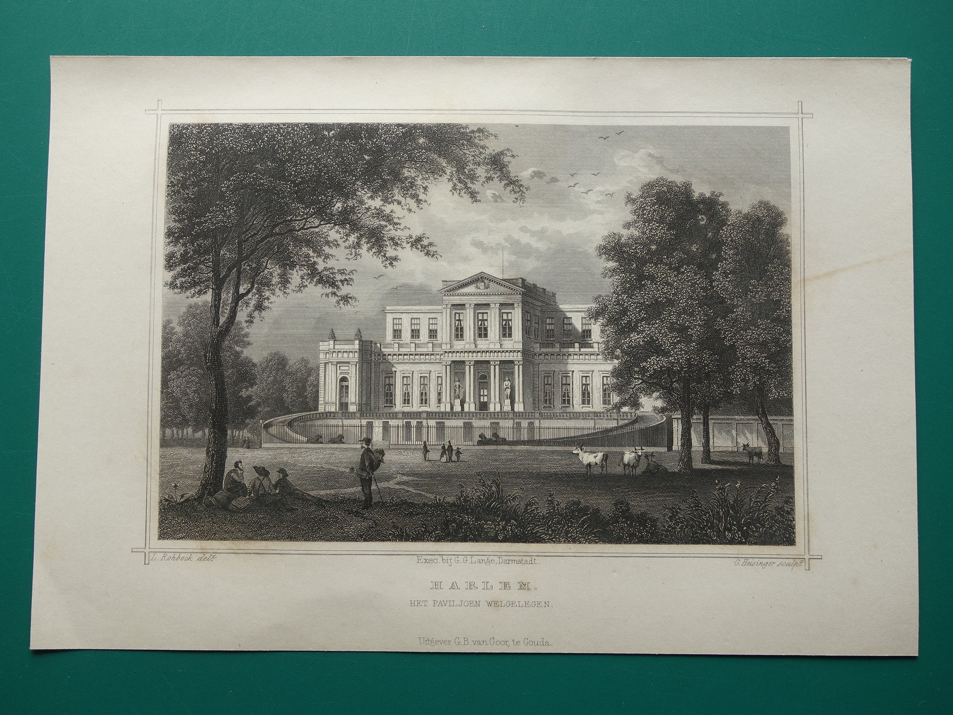 Het Paviljoen Welgelegen Harlem Originele antieke gravure Terwen 