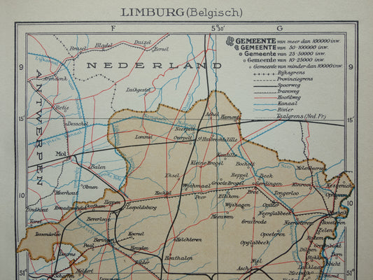 LIMBURG Old map of the province of Belgian Limburg from 1936 Original vintage Dutch map