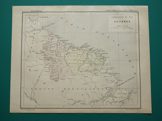 Suriname & Guyana oude landkaart uit 1896 originele antieke Franse kaart van Frans-Guyana Guyana en Suriname