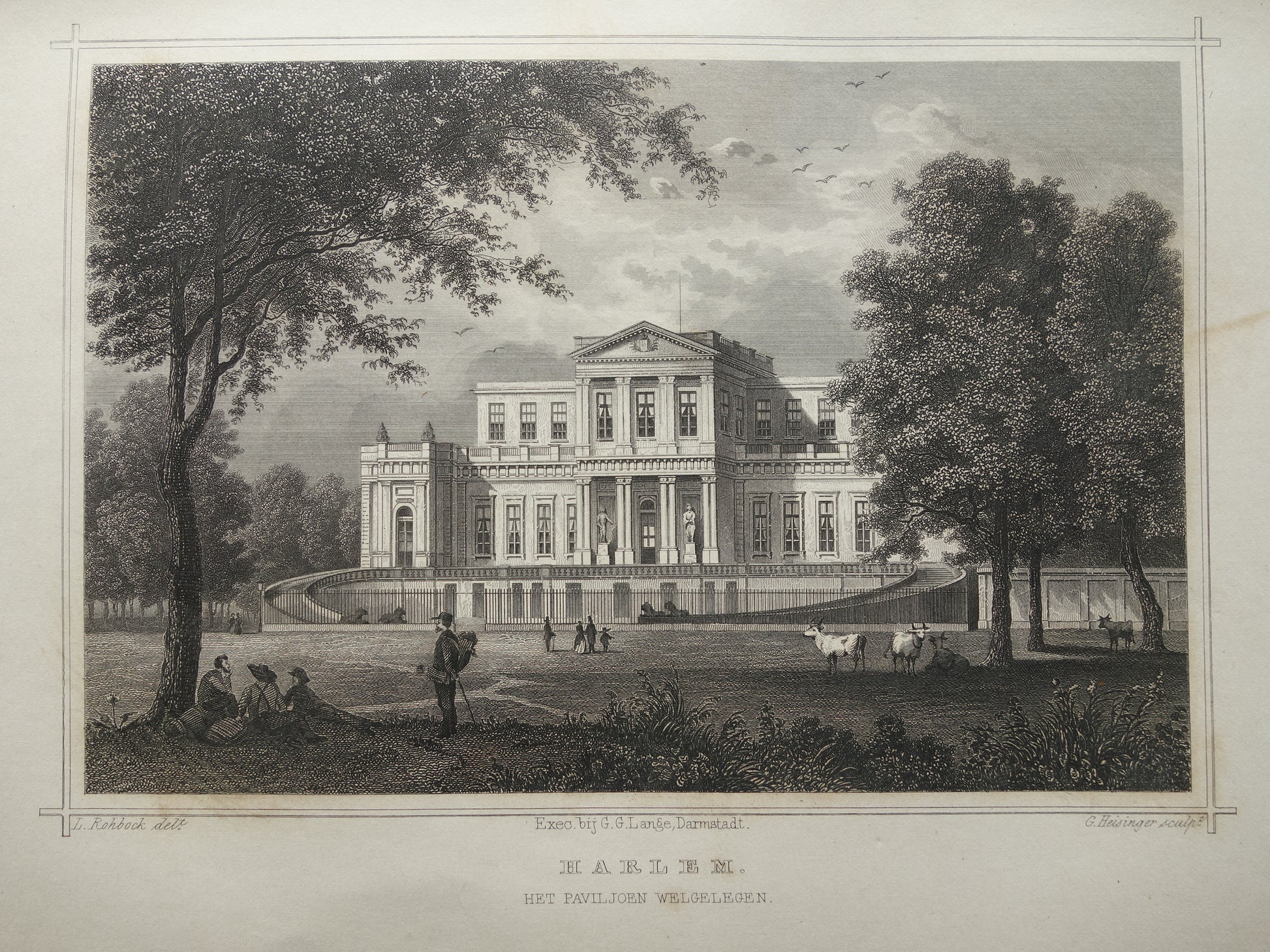 Het Paviljoen Welgelegen Haarlem Oude prent uit 1858 Originele antieke gravure Terwen Koningrijk der Nederlanden Villa Harlem Provinciehuis Noord-Holland