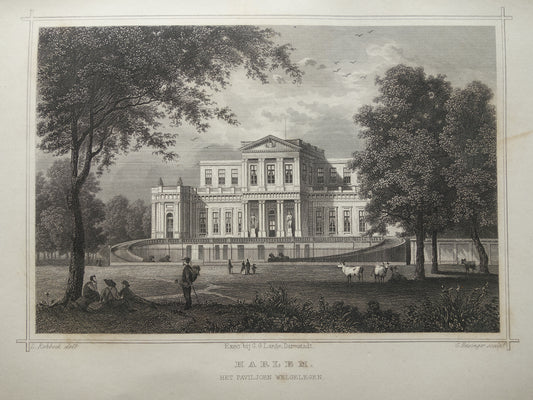Het Paviljoen Welgelegen Haarlem Oude prent uit 1858 Originele antieke gravure Terwen Koningrijk der Nederlanden Villa Harlem Provinciehuis Noord-Holland