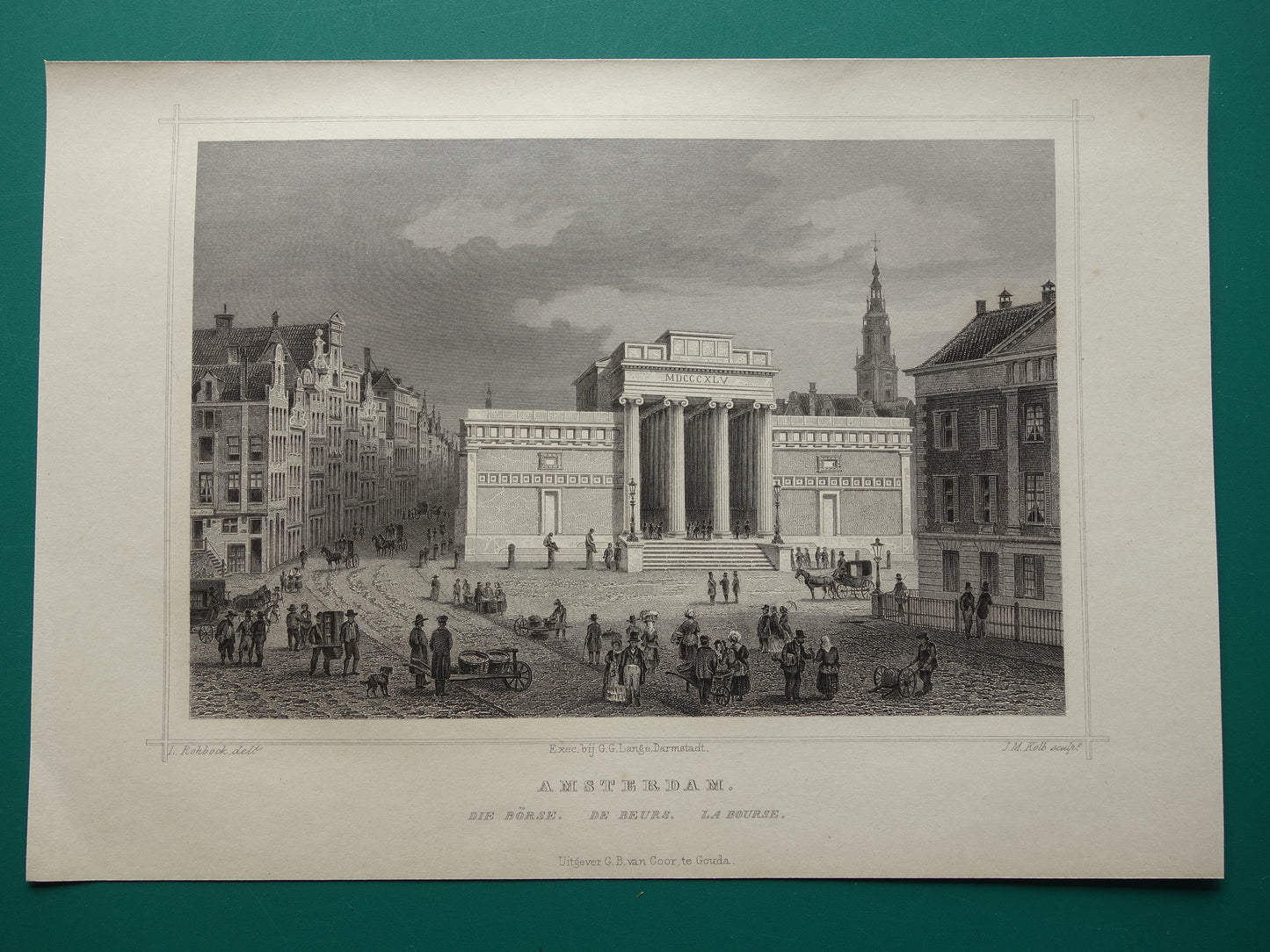 Beurs van Zocher Dam Amsterdam antieke illustratie uit 1858 Originele oude prent damplein Bijenkorf gravure Terwen Koningrijk der Nederlanden